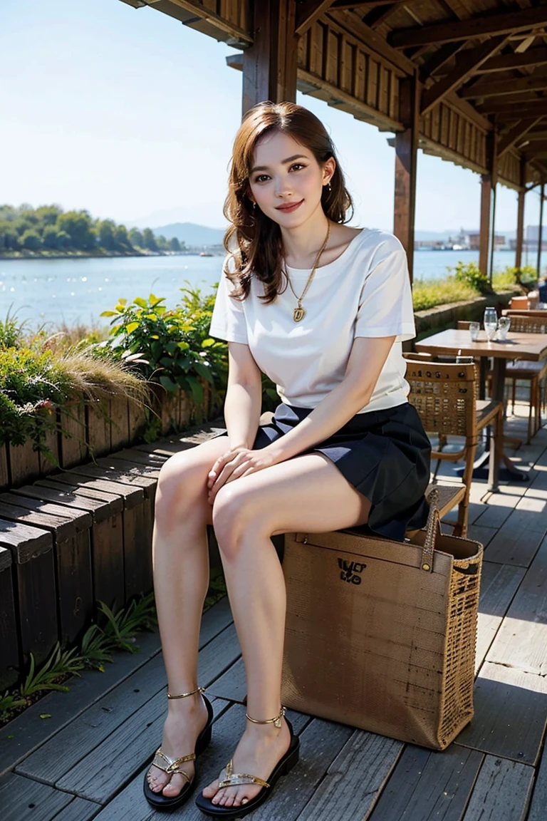 (Preserve face images), Pale face:1.3、Super thin face:1.3, (very big eyes:1.5)、 (blown eyes:1.5), master piece、Golden Ratio、8k, {highest quality}, {{masterpiece}}, {very delicate and beautiful}, outstanding light and shadow, highly detailed wallpaper, clear and bright sunlight, (((Full body))), 1 girl, blush、(薄い茶Farbeの髪), strong sunlight, ((a strong light shines on your face)), Farbe々A pose:1.5, necklace、ring、earrings、BREAK (( (Terrace seating at a cafe with a sea view), , Oversized organic cotton muscle tee, Tencel lyocell midi slip skirt, plant-based leather huarache sandals, fair-trade raffia tote bag, biodegradable acetate geometic sunglasses, (Toothless smile:1,5),