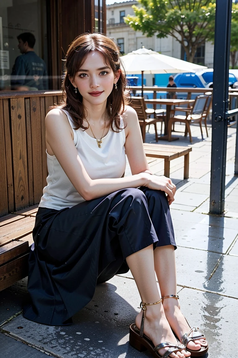(Preserve face images), Pale face:1.3、Super thin face:1.3, (very big eyes:1.5)、 (blown eyes:1.5), master piece、Golden Ratio、8k, {highest quality}, {{masterpiece}}, {very delicate and beautiful}, outstanding light and shadow, highly detailed wallpaper, clear and bright sunlight, (((Full body))), 1 girl, blush、(薄い茶Farbeの髪), strong sunlight, ((a strong light shines on your face)), Farbe々A pose:1.5, necklace、ring、earrings、BREAK (( (Terrace seating at a cafe with a sea view), , Oversized organic cotton muscle tee, Tencel lyocell midi slip skirt, plant-based leather huarache sandals, fair-trade raffia tote bag, biodegradable acetate geometic sunglasses, (Toothless smile:1,5), 