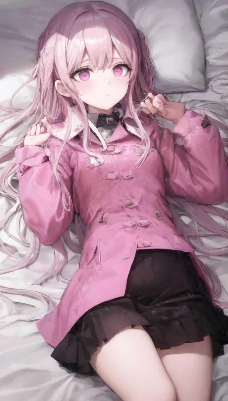 a girl laying in bed, wearing a pink buttoned raincoat, covered in mud, mud splatters, embarrassed expression on her face