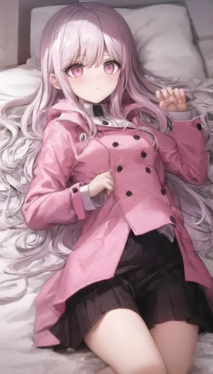 a girl laying in bed, wearing a pink buttoned raincoat, covered in mud, mud splatters, embarrassed expression on her face