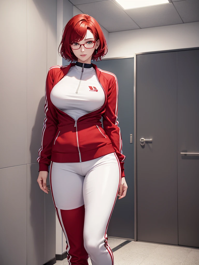 woman with short red hair, white eyes, glasses, tall body, big breasts, wearing a sexy tracksuits, in the school