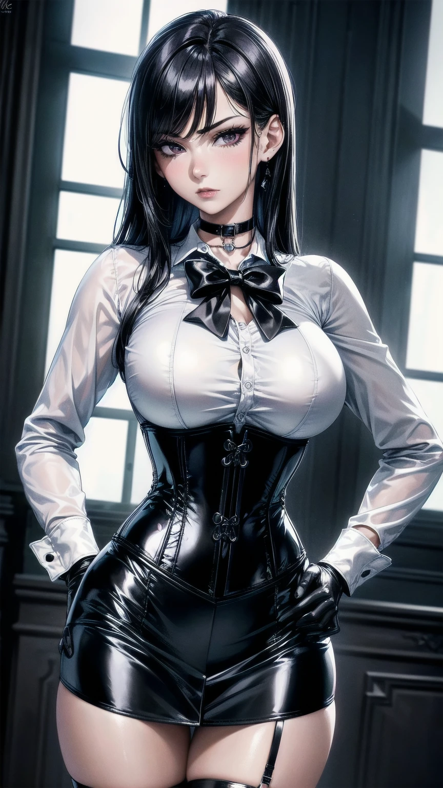  masterpiece, Superior image quality, High resolution, 4k image,photo and gross, photorealistic, whole body, 1 young teen girl, standing, stretching up, arms extended upward, {{{vagina}}}, beautiful face, long black hair, black eyes, very detailed eyes, pink cheeks, serious expression, choker:1.6, (white collar button down long sleeve shirt), black gloves, gloves that cover hands, (black leather corset), (shiny black miniskirt), Sensual Lips, show details in the eyes, View from above, looking at the viewer, Elegant living room, at night