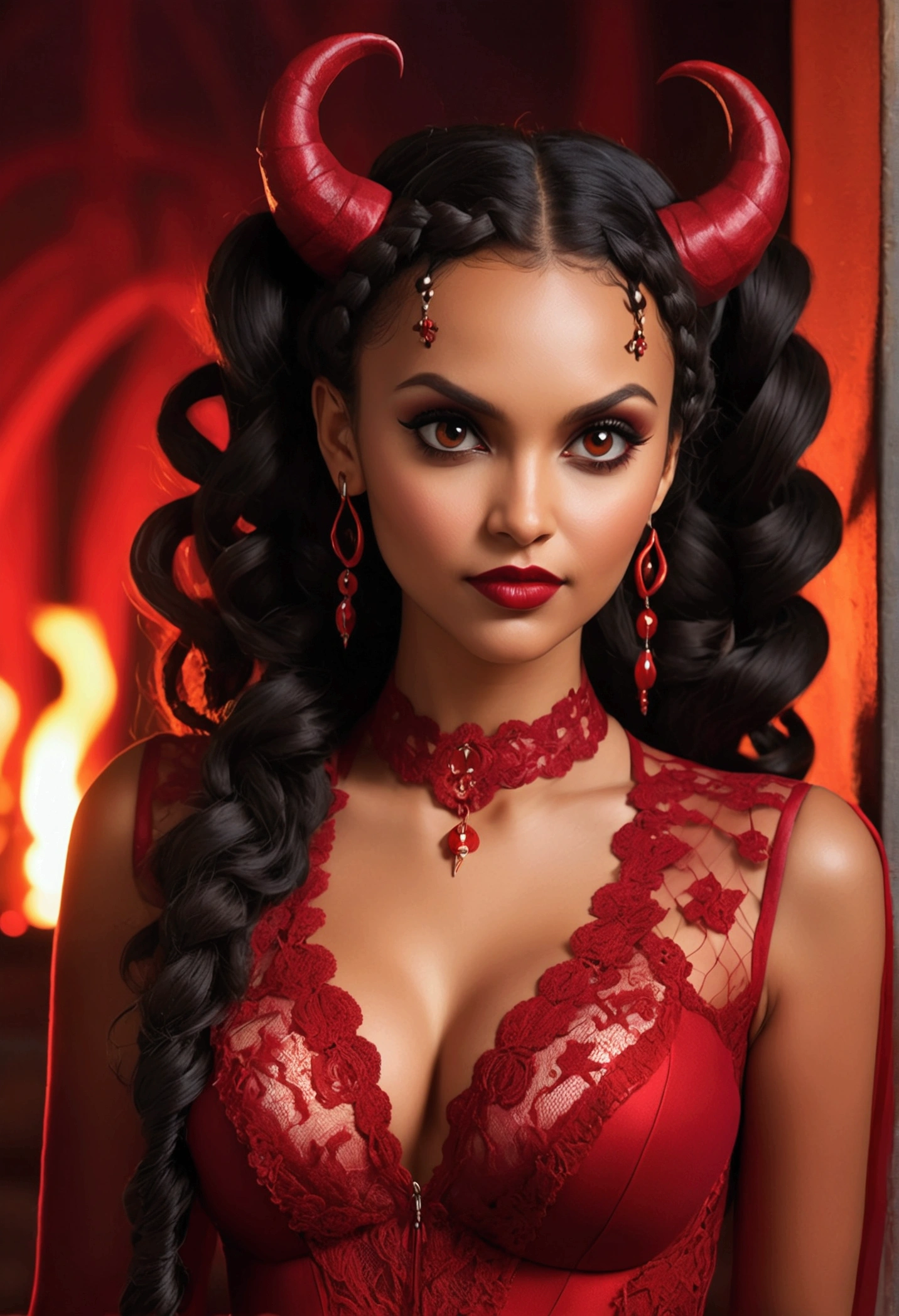 Full body shot Jessica Lucas devil, ringlets wavy five feet long black hair, updo hairstyle with ponytail on one side and long hairpins holding the bun long braid, strong thighs, dark red glossy lips, heavy red eye shadow long red eyeliner, long sharp claws, red lace beautiful and creative devil bodysuit, huge cleavage, devil horns, no earrings, no earrings, no earrings, no jewels, beautiful forehead lace ornament, posing in a feminine devil hell, happy expression, red ambience night time fire lights. No faces on her chest!