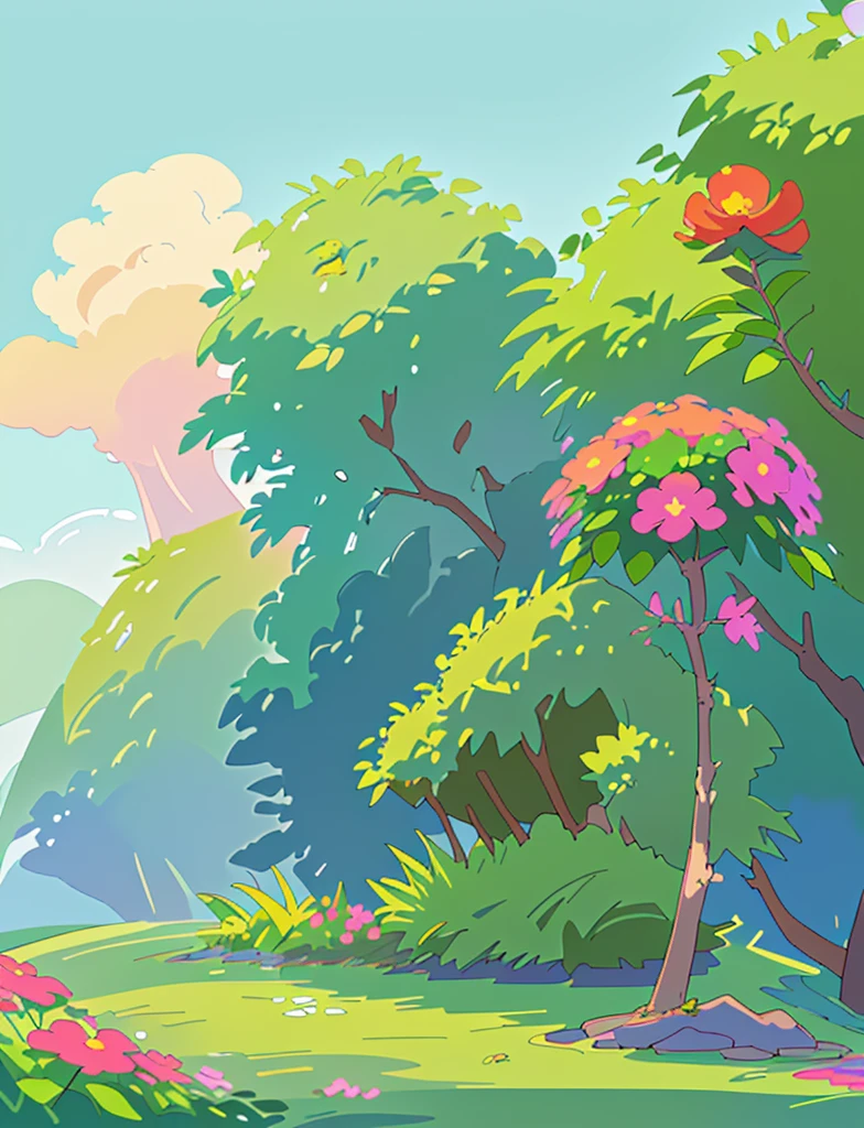 colorful tranquil landscape with plants and nature with colorful flowers beautiful sky and lots of details 