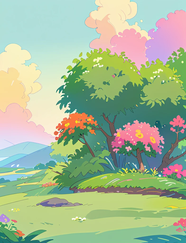 colorful tranquil landscape with plants and nature with colorful flowers beautiful sky and lots of details