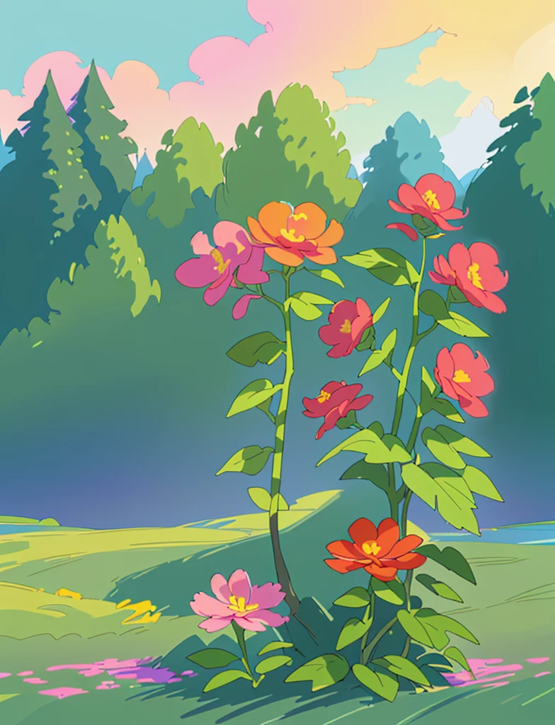 colorful tranquil landscape with plants and nature with colorful flowers beautiful sky and lots of details 