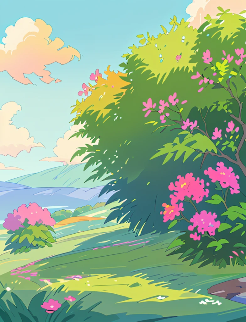 colorful tranquil landscape with plants and nature with colorful flowers beautiful sky and lots of details