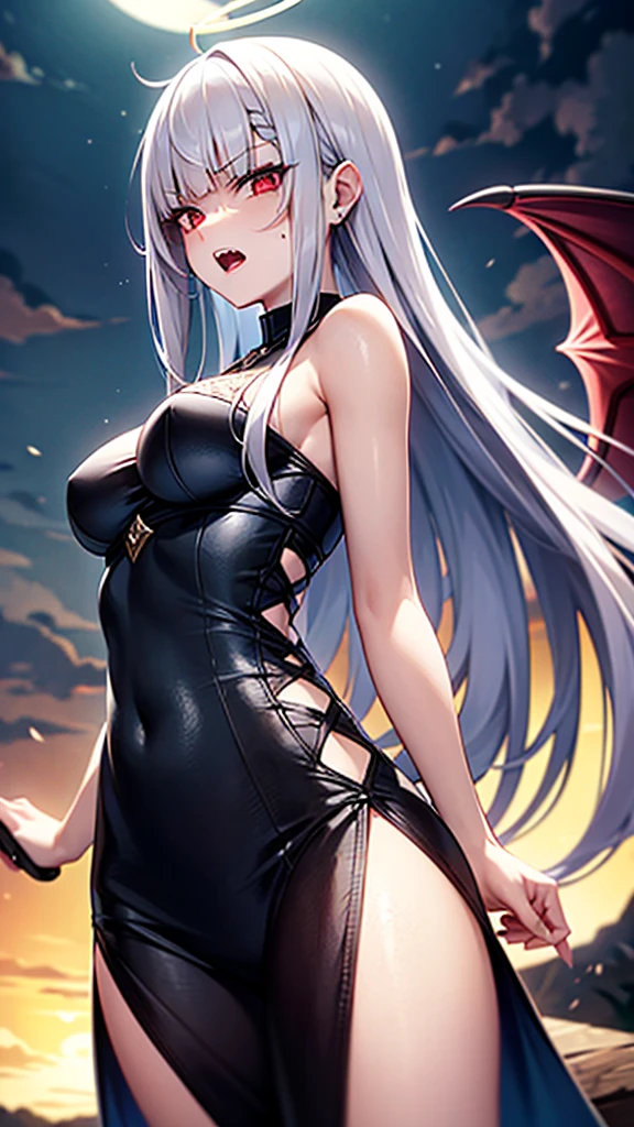 masterpiece, high quality, 4K, HDR, A battle-ready, gothic fantasy setting, sharp black horns on the head, a black halo above the head, a woman, grumpy, looking at viewer, open mouth, jagged teeth, intake hairstyle, long hair, blunt cut, blunt bangs, silver hair, red eyes, odd eyes, jitome, pale skin, toned body, medium breasts, beauty mark, with devil wings on back, adult, cowboy shot, from front, front view, from below, low angle shot, moonlight
