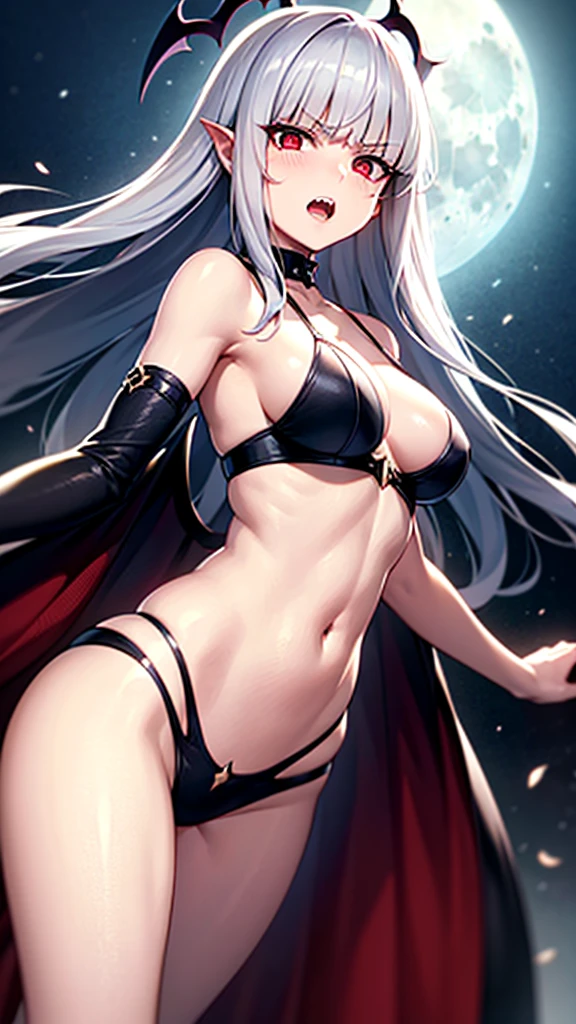 masterpiece, high quality, 4K, HDR, A battle-ready, gothic fantasy setting, sharp black horns on the head, a black halo above the head, a woman, grumpy, looking at viewer, open mouth, jagged teeth, intake hairstyle, long hair, blunt cut, blunt bangs, silver hair, red eyes, odd eyes, jitome, pale skin, toned body, medium breasts, beauty mark, with devil wings on back, adult, cowboy shot, from front, front view, from below, low angle shot, moonlight