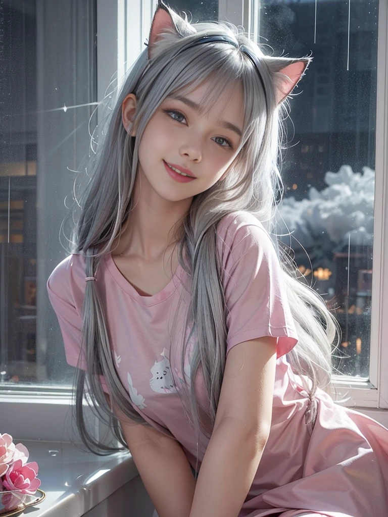 Lean on window, smile, Silver hair, hair bang, cat ears headband, shining hair, skin pores, shining skin, pink t-shirts, in room, rain outside the window, night, lovely, beautiful