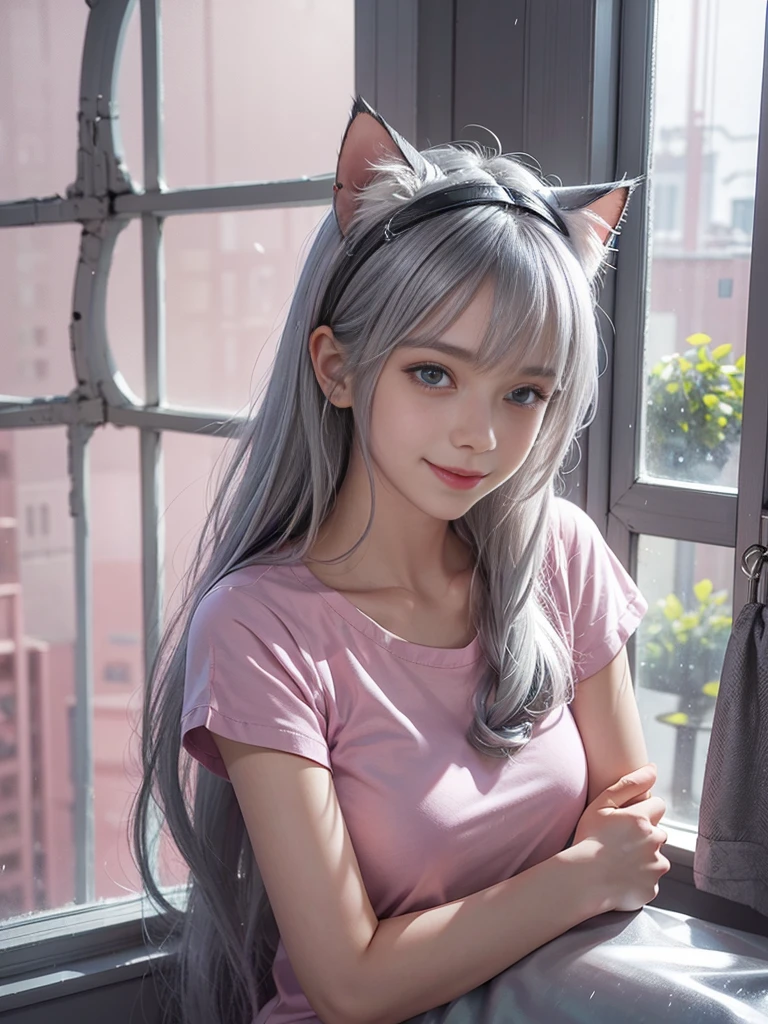 Lean on window, smile, Silver hair, hair bang, cat ears headband, shining hair, skin pores, shining skin, pink t-shirts, in room, rain outside the window, night, lovely, beautiful