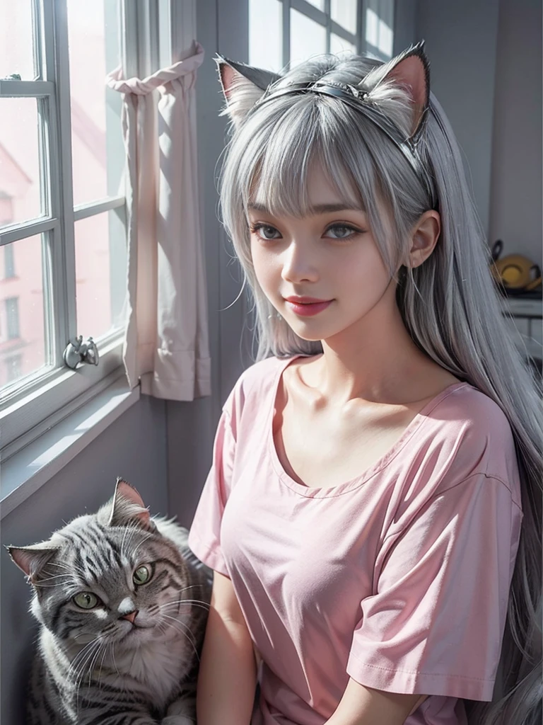 Lean on window, smile, Silver hair, hair bang, cat ears headband, shining hair, skin pores, shining skin, pink t-shirts, in room, rain outside the window, night, lovely, beautiful