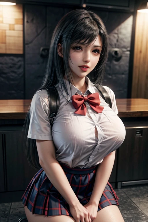 school girl uniform , steam , rain , plaid skirt , pleated skirt , The shirt is tight. , white shirt , school girl , red bow , red knot , (best quality,masterpiece, HDR,UHD,8K,Vivid Colors, extreme detail description, Professional:1.1), (pale skin, perfect skin, red iris, thin lips, thin mouth, long hair: 1.1), 1girl, looking at viewer, tifa ,naughty face,