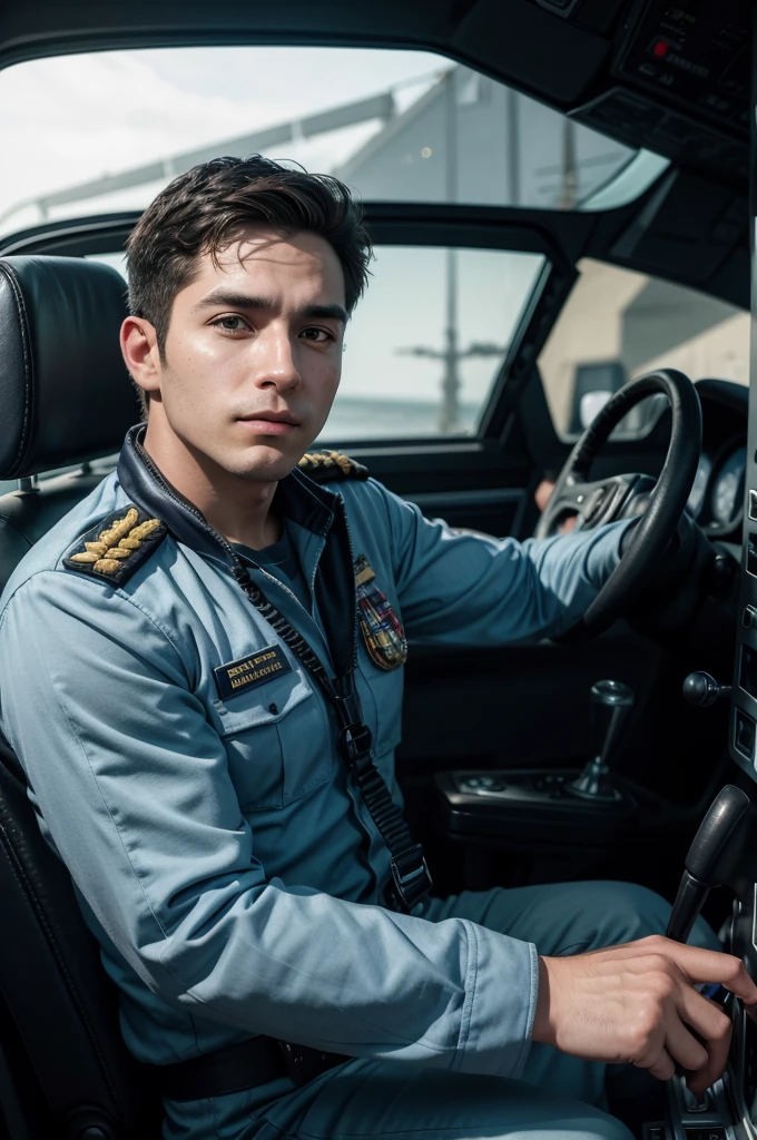 30 year old man pilot of the Mexican Navy sitting in his chair driving a warship behind him a captain of the United States Navy
