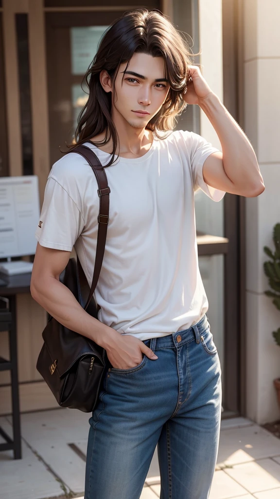 A male  student with 13 years of average height (approximately 172 cm) with medium-length, dark brown hair. Her eyes are light brown like honey and, when he uses his powers, they shine with a faint glow. Wear casual and comfortable clothing: jeans and t-shirts in neutral and light colors. The expression on his face is relaxed and friendly., transmitting a feeling of confidence and serenity.