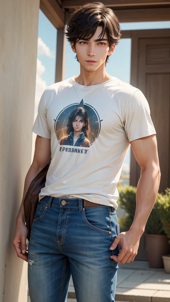 A male student with s of average height (approximately 172 cm) with medium-length, dark brown hair. Her eyes are light brown like honey and, when he uses his powers, they shine with a faint glow. Wear casual and comfortable clothing: jeans and t-shirts in neutral and light colors. The expression on his face is relaxed and friendly., transmitting a feeling of confidence and serenity.