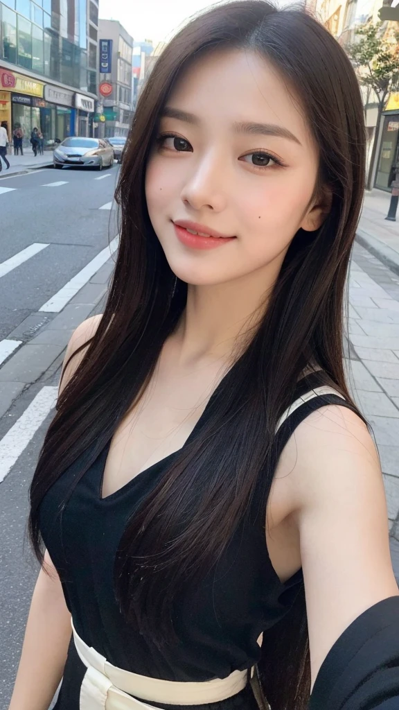 (top quality, 8K, masterpiece:1.3)), A pretty maiden,pure,oval face,Gentle and cute,sweet smile,pure,thin body,(Street),looking directly into the camera,inner strength, formal,Black silky long, layered long hair,Long hair spread over shoulders,big deal, round, black eyes,clear big eyes,Hydrated red lips,Sweet,stand, Photographed in the city,