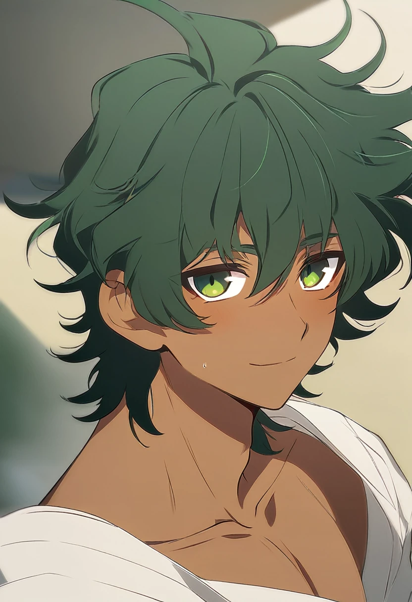 Scottish Male, messy dark green hair and tan skin. Madure anime style. 