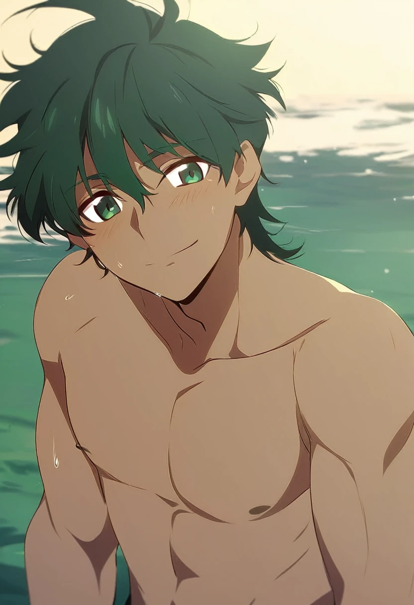 Scottish Male, messy dark green hair and tan skin. Madure anime style.