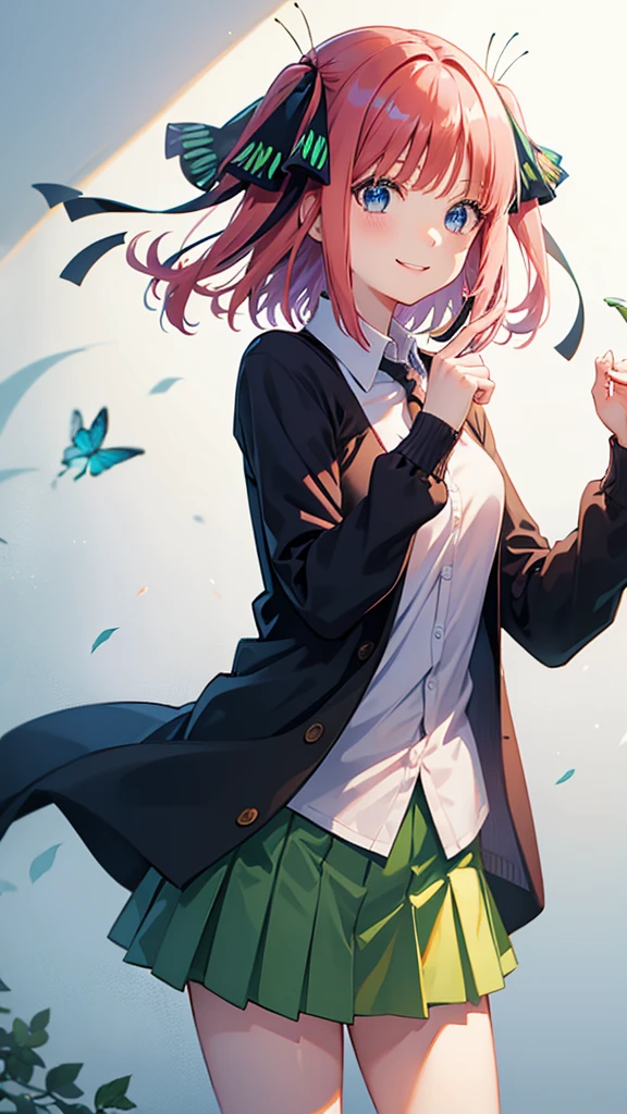 nino nakano, short hair, bangs, blue eyes, hair ornament, hair ribbon, pink hair, blunt bangs, two side up, butterfly hair ornament, collared shirt, green skirt, black cardigan, happy, smile