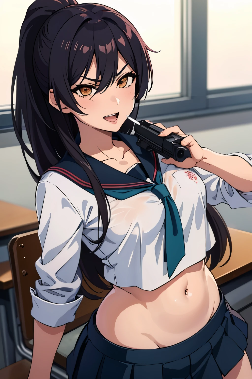 1girl, shirase sakuya, high ponytail, long hair, blush, lipstick, Hot girl, baddie, staring, glaring, bad attitude, mean girl, dare, angry, hate, crazy, smoking, sensual, attractive, masterpiece, best quality, highly detailed, a anime girls in sailor uniforms with a gun posing for a picture,
evil smile, smile, open mouth,black_serafuku, ecchi anime style, anime girls , (nsfw) not safe for work,
ecchi style, ecchi, shipgirls, digital anime art!!, high school girls, holding a gun, hold a gun, anime style 4
k, micro skirt, exposed belly, exposed navel, exposed midriff, holding pistol,
exposed lower belly,school, classroom, large breast, navel piercing