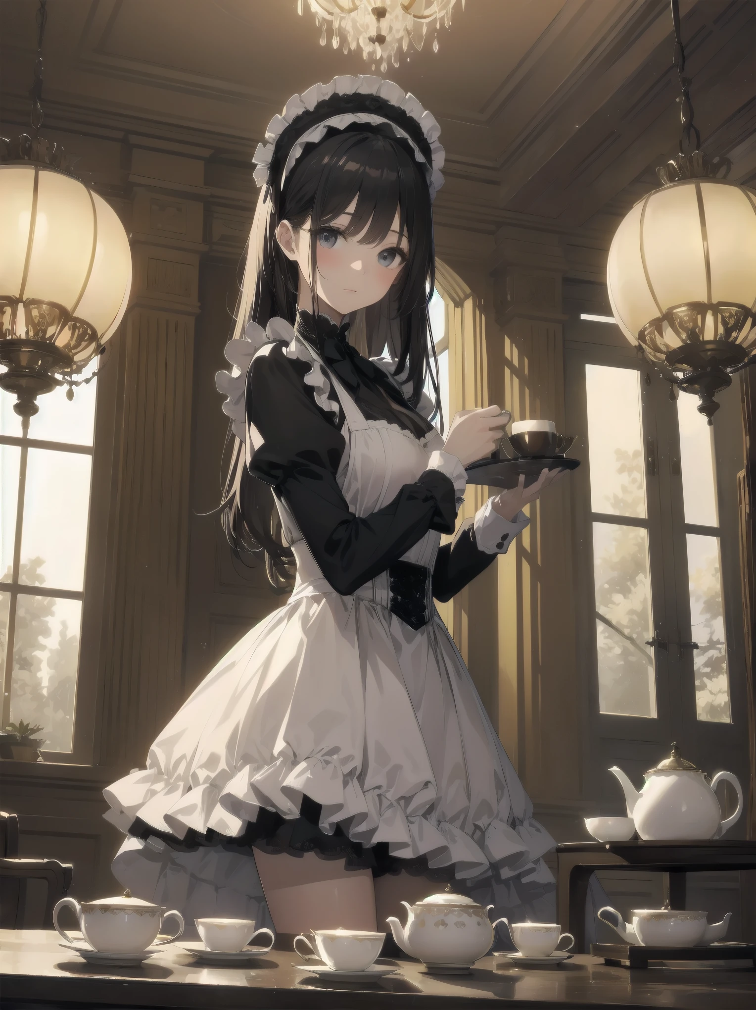 Illustration of a beautiful girl in a cute pose,(Masterpiece: 1.2), (Best quality: 1.2), A cute girl with long black hair, dressed in a classic black and white maid outfit with frilly lace and a matching headband, is standing in a beautifully decorated Victorian-style parlor. She is holding a silver tray with a teapot and teacup, her expression a mix of professionalism and warmth. The background includes ornate furniture, a chandelier, and large windows with heavy drapes, all bathed in soft afternoon light. This illustration emphasizes the elegant and welcoming atmosphere of a high-class tea service