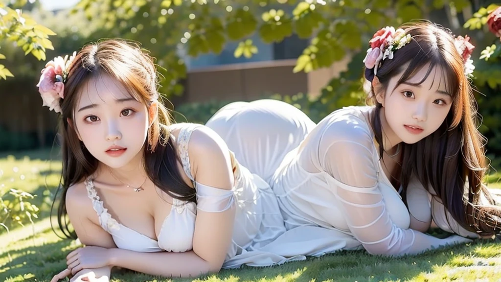 Still a 25-year-old woman, she is lying down, dressed in a knee-length dress, with a large body, with very thick toned legs, and a big ass. and in the background a garden full of red roses and beautiful butterflies flying.