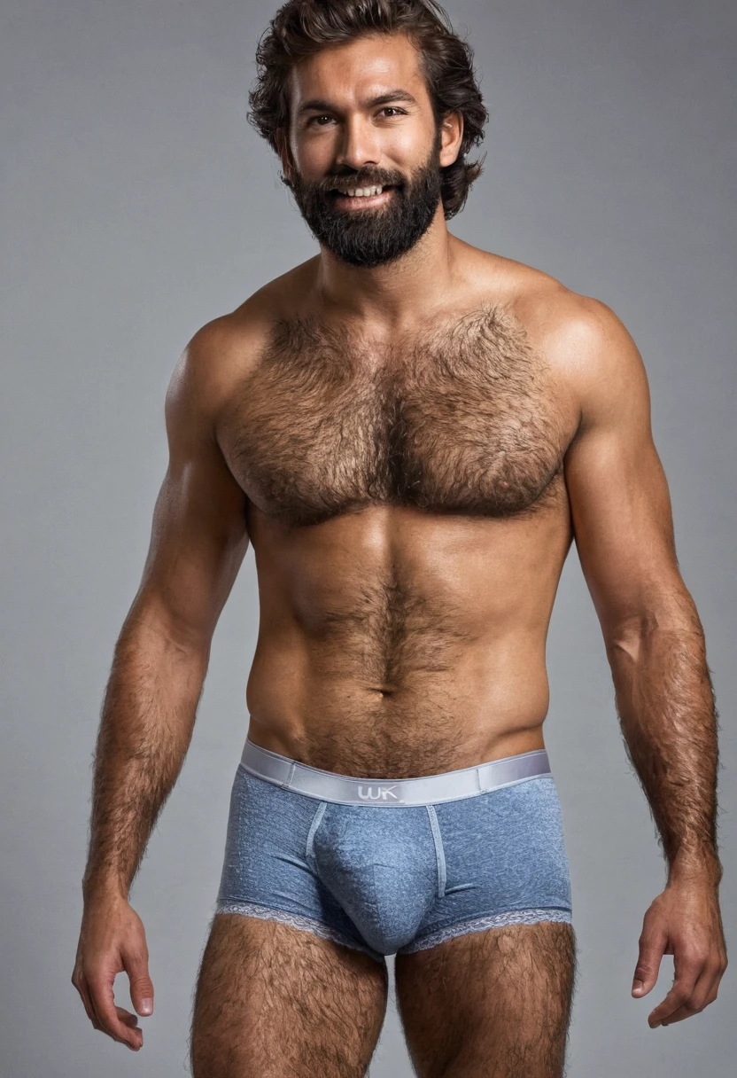 man, 30 years old, very hairy man, tan skin, handsome, no shirt, (hairy chest and legs: 1.0), with underwear, cinematography, 16k, uhd, in a studio, model, sexy man