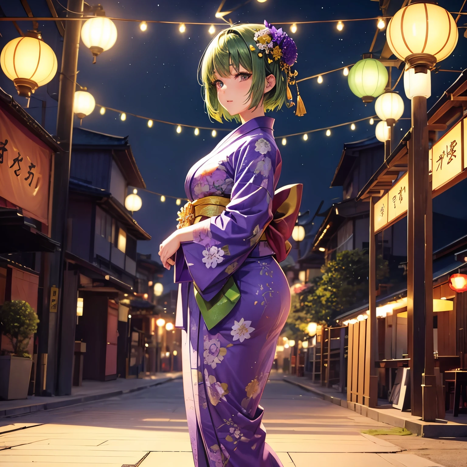 a girl with short hair, green hair, a flower in her hair, dressed in a violet yukata and gold details, night Japanese festival background, festival lights, cinematic lighting, high definition, full body focus.