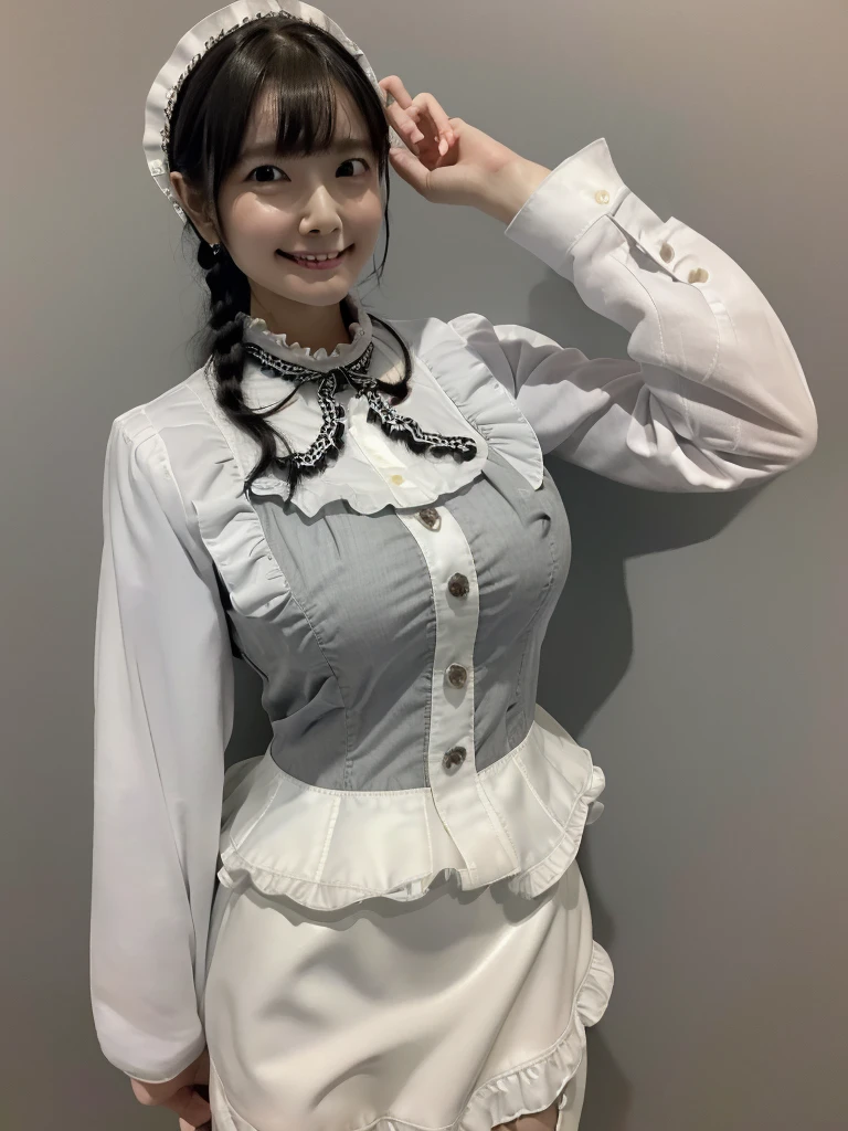 Highest quality、masterpiece、8k、Very detailed、Realistic、(One girl)、(Looking at me with a smile:1.5)、whole body、(Black Hair)、Small face、(Slender:1.2)、(Big Breasts:1.2)、(White frilly shirt with buttons and collar:1.2)、(short tight skirt in gray,:1.2)、(Grey business jacket:1.2)