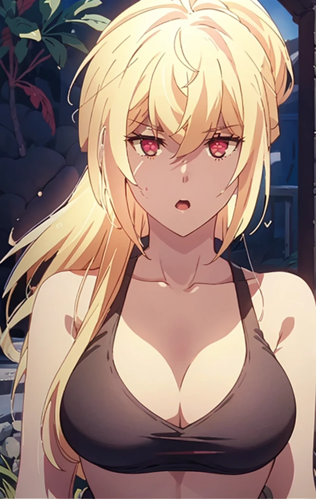 Masterpiece, best quality, highly detailed, highres, 8K, natural lighting, 1 girl, blonde hair, ahoge, ruby eyes, huge breast, black tank top, mini short pants, she wet, sexy pose, outdoor , detailed eyes, perfect eyes colors, full body shoot, detailed eyes, detailed finger shape, the number of fingers is not excessive