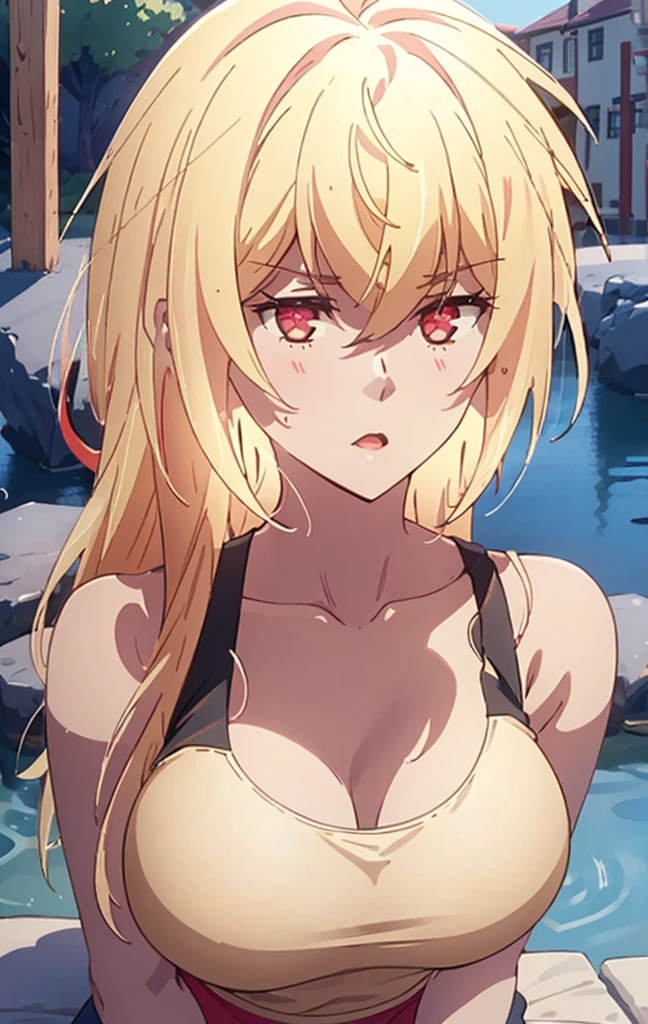 Masterpiece, best quality, highly detailed, highres, 8K, natural lighting, 1 girl, blonde hair, ahoge, ruby eyes, huge breast, black tank top, mini short pants, she wet, sexy pose, outdoor , detailed eyes, perfect eyes colors, full body shoot, detailed eyes, detailed finger shape, the number of fingers is not excessive