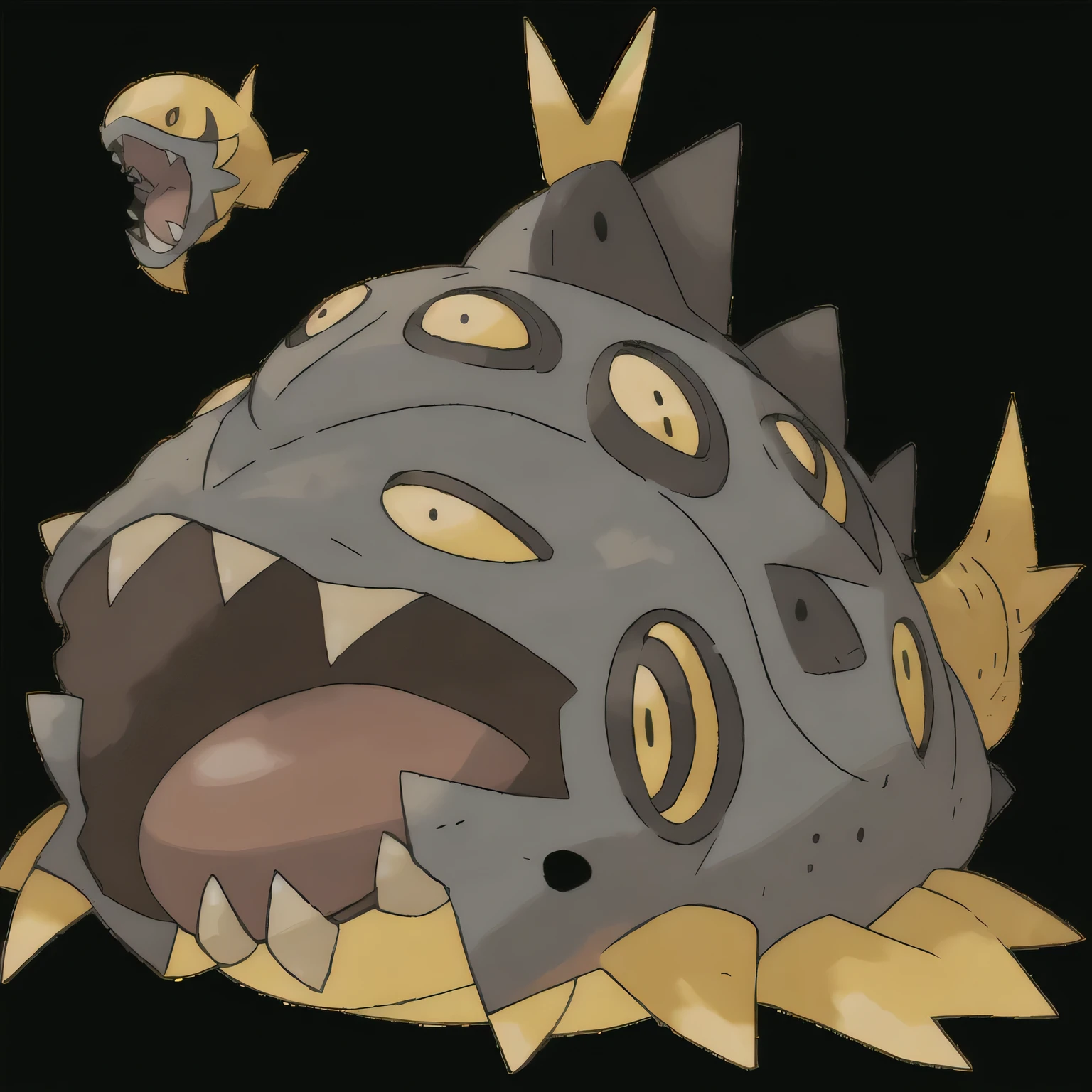 pkmn , giant black angler fish with scary yellow eyes with a light on top of it ((best quality)), desert background