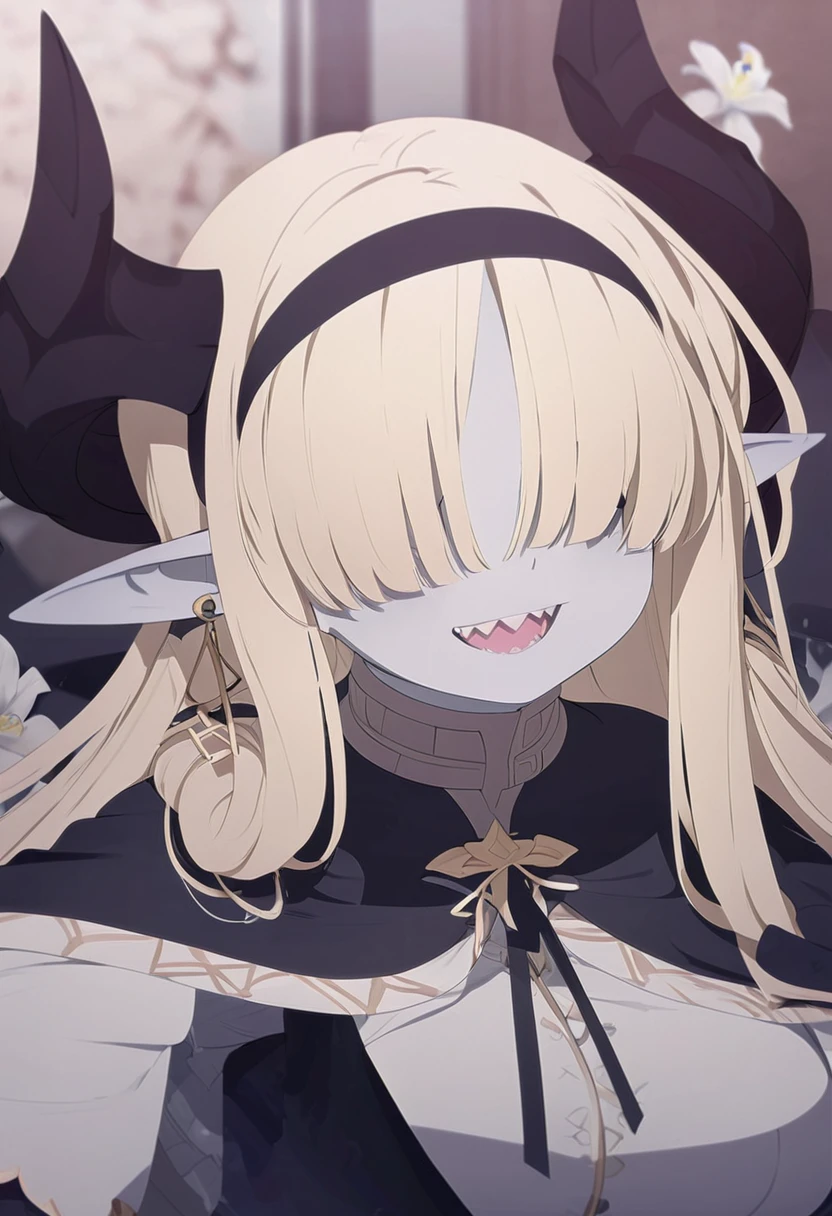 Rosto detalhado, grandes olhos, sharp teeth, hair over eyes, hairband, demon horns, demon wings, long hair, pointy ears, elf, earrings, capelet,long sleeves, parted bangs, flower, striped, very chubby, 8k, hd, hdr, grey/gray skin, grey sclera, long blonde hair, white iris, demon horns, makeup