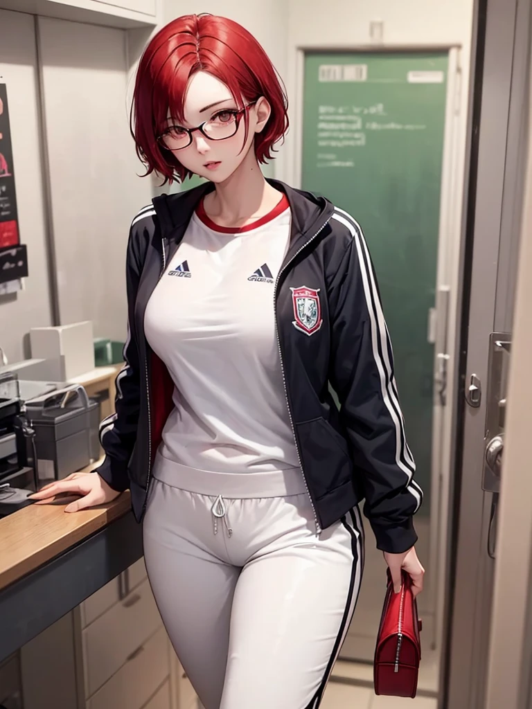 woman with short red hair, white eyes, glasses, tall body, big breasts, wearing a sexy tracksuits, in the school