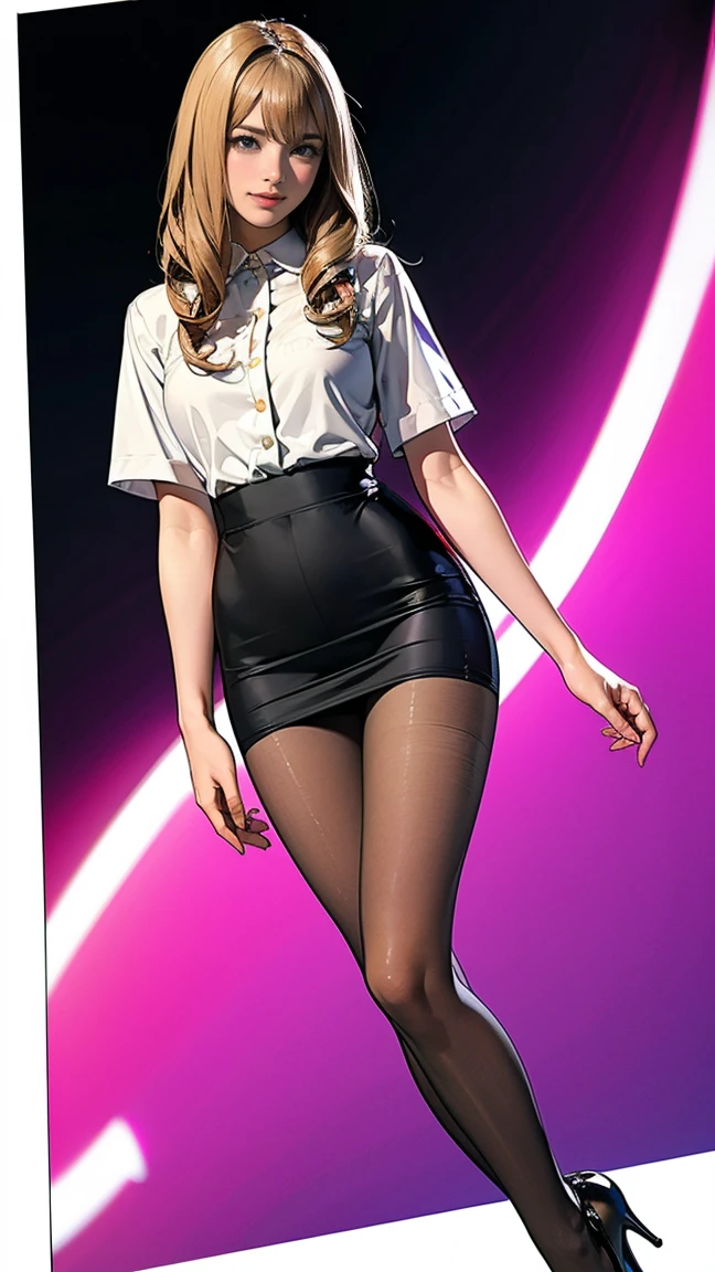 ((masterpiece)),(((Highest quality))),Thin thighs,Long legs,whole body:1.5,(One Girl:1.3),(Black pantyhose and thick pointy heels:1.3),Wearing a mini mini skirt dress:1.5),Short Blonde:1.2、Model pose,