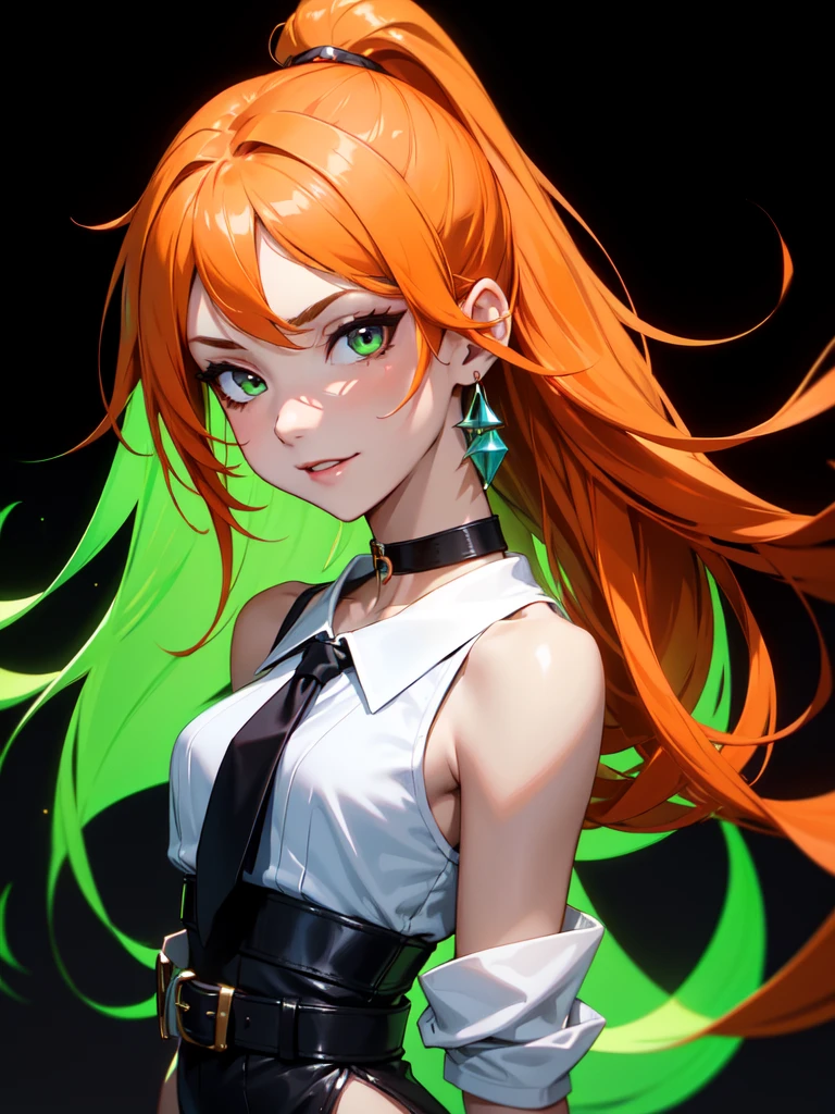 (((Portrait Photo))), She has a Vibrant and Energetic Appearance of a 17-Year-Old, with a Confident and Lively Demeanor. Her Long, Flowing Orange Hair, Styled in Loose Layers, Cascades Down Her Back. Her Striking Green Eyes, Filled with a Playful and Mischievous Glint, Stand Out against Her Fair Skin. She Wears a Chic Summer Outfit with a Black Mini Skirt, and a White Sleeveless Blouse, Completed with a Leather Belt and a Delicate Choker Necklace. Her Expression is Confident and Inviting, with a Subtle Smirk that Hints at Her Spirited Personality. (((High Quality, Dark Background))), (((Portrait Photo)))