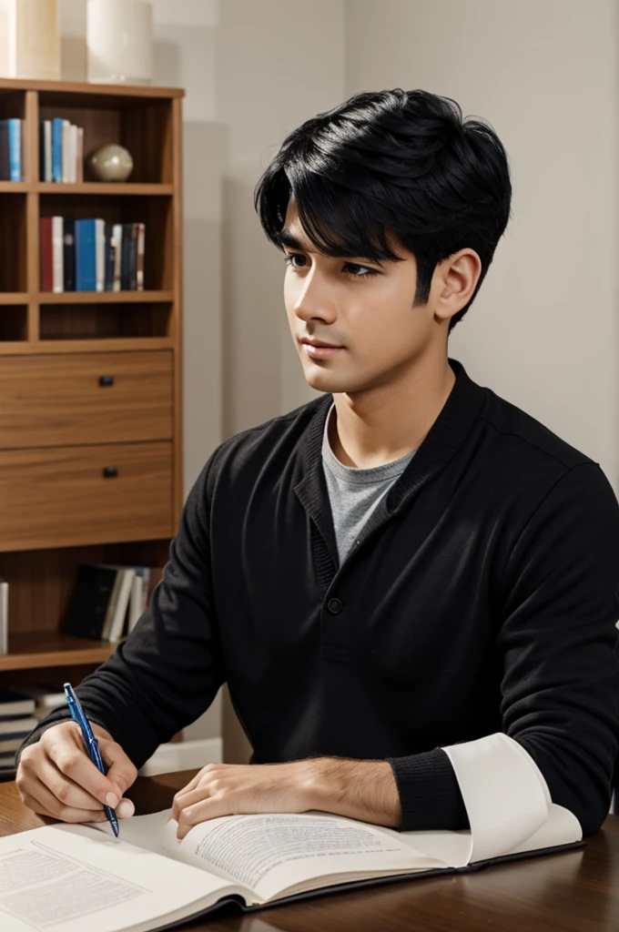 Boy studying with animated black hair 
