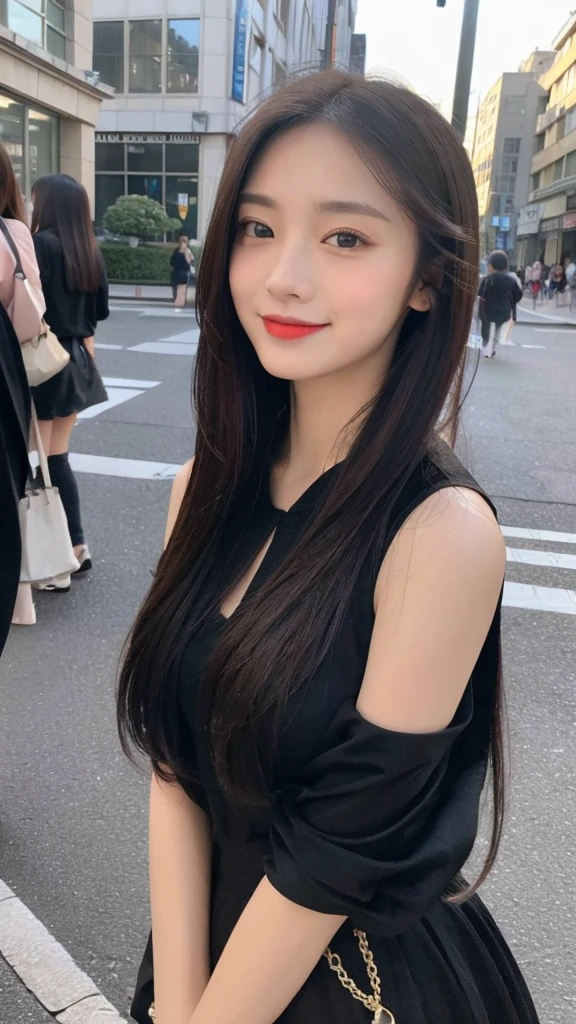 (top quality, 8K, masterpiece:1.3)), A pretty maiden,pure,oval face,Gentle and cute,sweet smile,pure,thin body,(Street),looking directly into the camera,inner strength, formal,Black silky long, layered long hair,Long hair spread over shoulders,big deal, round, black eyes,clear big eyes,Hydrated red lips,Sweet,stand, Photographed in the city,