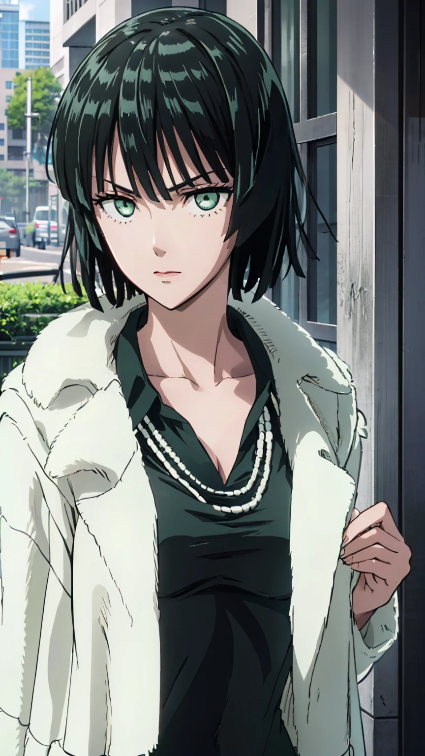 (((pixel-perfect, detail-perfect))), solo, 1girl, fubuki, fur coat, collared dress, collarbone, necklace, looking at viewer, closed mouth、破れた服、NSFW
