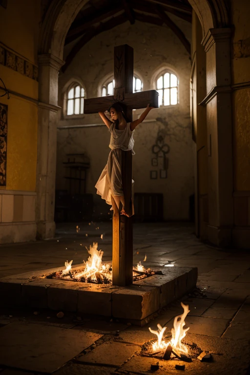 A cross on fire inside a convent 