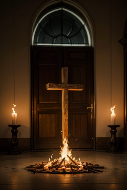 A cross on fire inside a convent