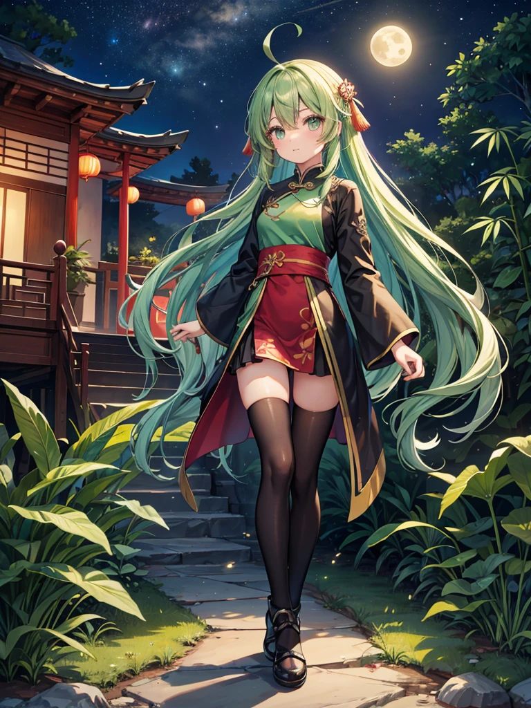 chinese_dress,odango_hair,zettai_ryoiki,night,moonlight,starlight,beautiful_sky,bamboo_forests,firefly,full_body,beautiful_bronde_hair,beautiful_light_green_eyes,ahoge,1_beautiful_girl,cute_face,beautiful,perfect_quality,perfect_anatomy,perfect_body,masterpiece,chinese_house
