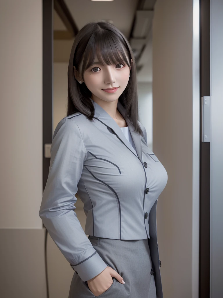 Highest quality、masterpiece、8k、Very detailed、Realistic、(One girl)、(Looking at me with a smile:1.5)、whole body、(Black Hair)、Small face、(Slender:1.2)、(Big Breasts:1.2)、(White business shirt with buttons and a collar:1.2)、(short tight skirt in gray,:1.2)、(Grey business jacket:1.2)