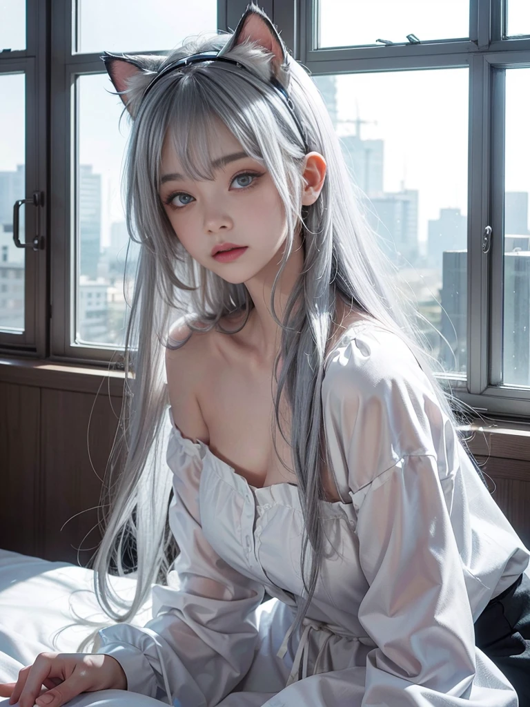 Lean on window, sad, Silver hair, hair bang, cat ears headband, shining hair, skin pores, shining skin, sexy shirt, in room,  lovely, beautiful