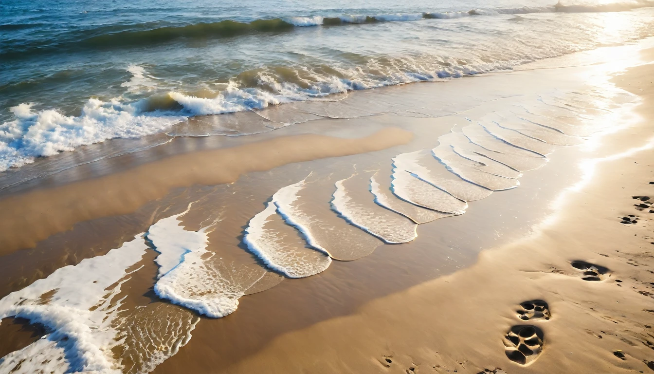 "Two sets of footprints in the sand being washed away by waves on a beach,"