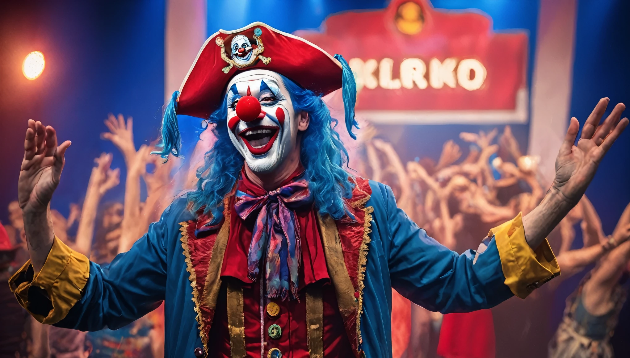 masterpiece, best quality, extremely detailed, hyperrealistic, photorealistic, a cool 40s man, ultra detailed face, clown makeup, red pirate hat, white skin, red nose, long blue hair, walking, open both arms, on stage, colorful stage lighting, smiling
