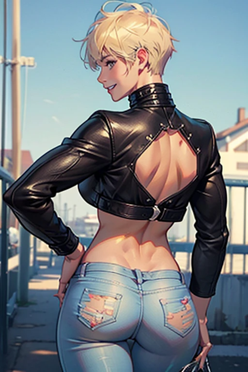 ((cute ass, back view:1.4)).(rule of thirds:1.4), ((ultra realistic illustration:1.2)), Athletic blonde woman, (short hair), tomboy, cute, ((smile)), Sexy. Mascara, turtleneck blouse, leather jacket, skinny jeans, high heels.Masterpiece, best quality,(highly detailed:1.2),(detailed face and eyes:1.2), 8k wallpaper, depth of field, natural lighting. core shadows, high contrast, bokeh.