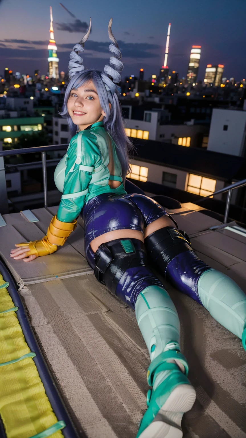 Masterpiece, Best quality, (photorealistic1.4), (UHD), (big breast), (show abs), (flashphoto), (flash photography), (cleavage), (European model), (young woman), (JenniferConnelly90), (epiCRealLife:1.0), (night time), (Nejire latex bodysuit), 1girl, solo, long hair, blue eyes, (blue hair), (hair bangs), (drill hair, twin drills), (Nejire Hairstyle), hair horns, very long hair , light blue hair, (Nejire Yellow gloves), (look at viewers), (Nejire light smile), (lying on rooftop), (tokyo cityscape), (lying on pose), (from behind) ( (Tokyo rooftop),