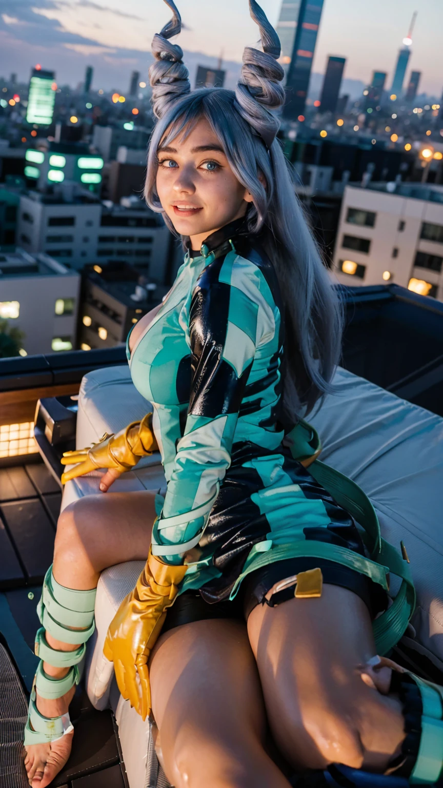 Masterpiece, Best quality, (photorealistic1.4), (UHD), (big breast), (show abs), (flashphoto), (flash photography), (cleavage), (European model), (young woman), (JenniferConnelly90), (epiCRealLife:1.0), (night time), (Nejire latex bodysuit), 1girl, solo, long hair, blue eyes, (blue hair), (hair bangs), (drill hair, twin drills), (Nejire Hairstyle), hair horns, very long hair , light blue hair, (Nejire Yellow gloves), (look at viewers), (Nejire light smile), (lying on rooftop), (tokyo cityscape), (lying on pose), (from behind) ( (Tokyo rooftop),